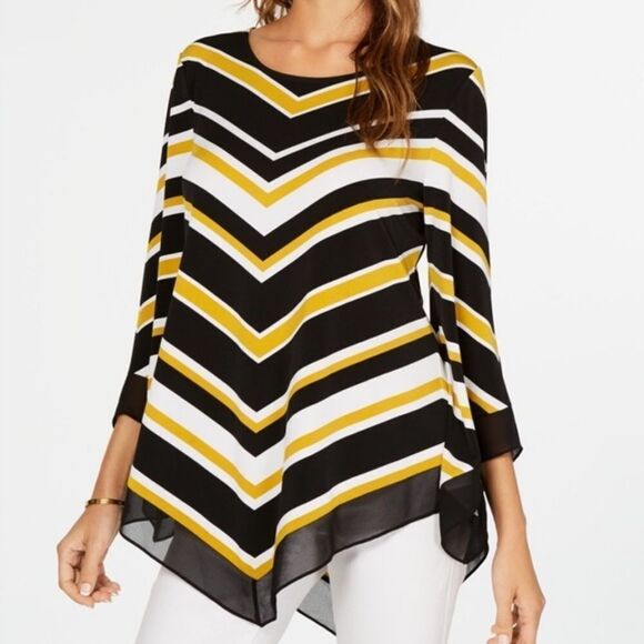 Alfani Black, White & Gold Stripe Top with V-Hemline & Bell Sleeves, Size XL - Picture 1 of 9